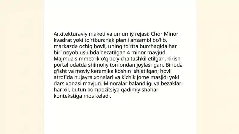 Chor Minor madrasasi haqida malumot eni boyi ichki dizayn 4