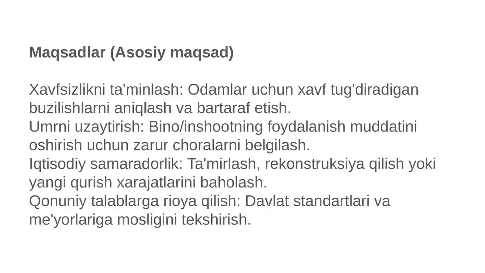 Bino va inshootlarning texnik holatini baholashning maqsadi va vazifalari 4