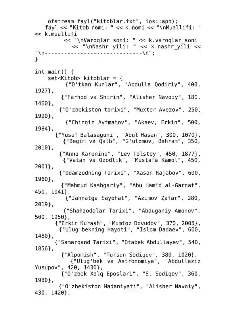 Assotsiativ konteynerlar bo’yicha amaliy topshiriq set va multiset sinflaridan foydalanib, amaliy dasturlar yaratish 4