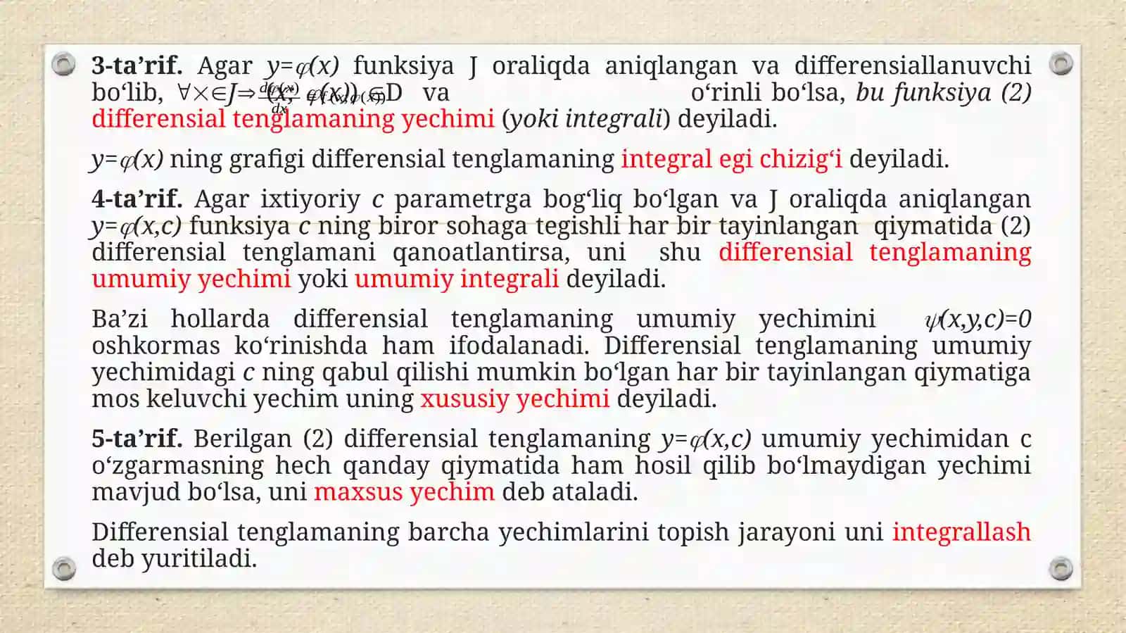 Birinchi tartibli differensial tenglamalar: o’zgaruvchilari ajraladigan differensial tenglamalar 4