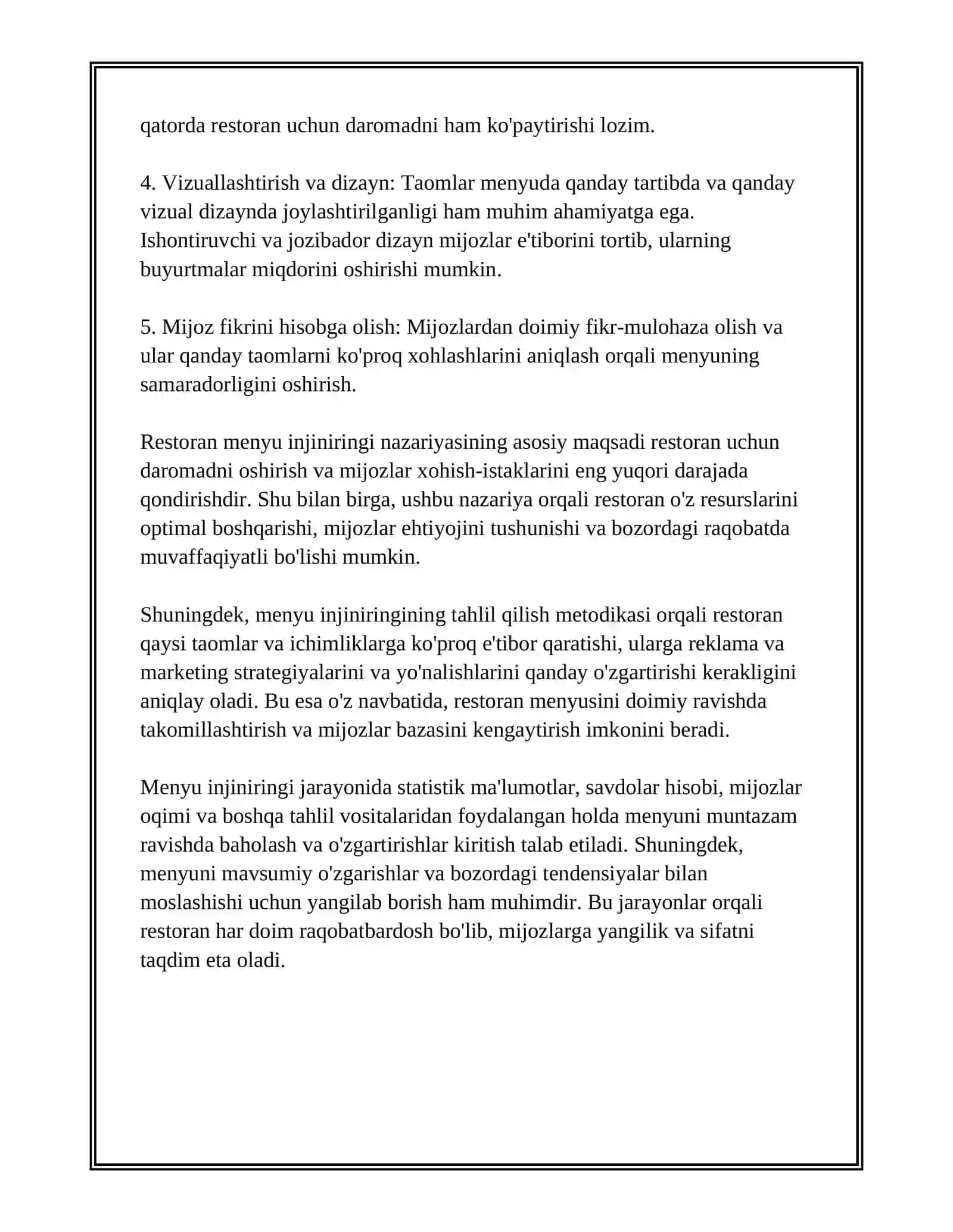 RESTORAN MENYU INJINIRINGI: FOYDA VA TALAB TAHLILI 4