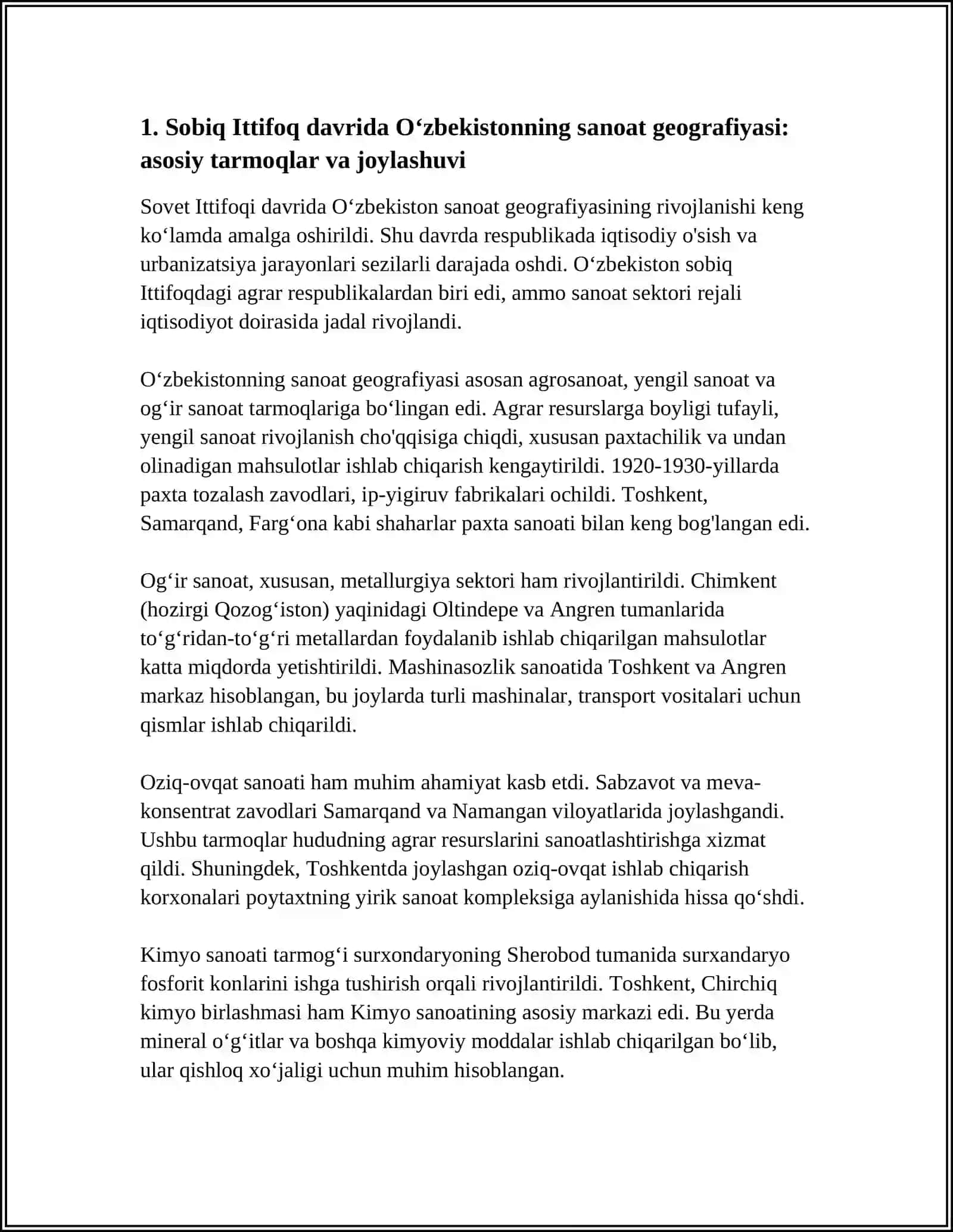 SOBIQ ITTIFOQ DAVRIDA IQTISODIY VA IJTIMOIY GEOGRAFIYA. OʻZBEKISTONDA IQTISODIY VA IJTIMOIY GEOGRAFIYANING RIVOJLANISHI 4