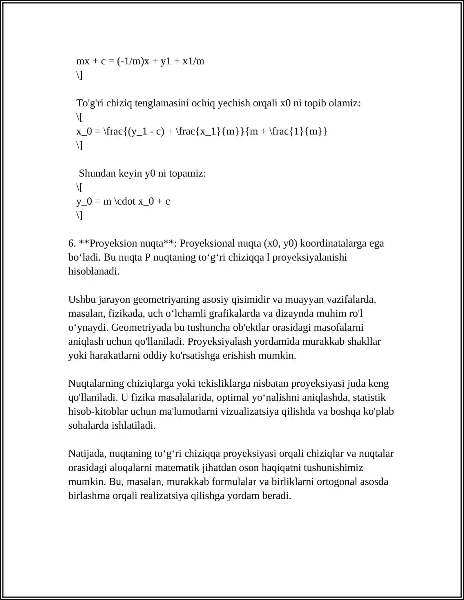 NUQTA TOʻGʻRI CHIZIQ VA TEKISLIK PROYEKSIYALARI METRIK VA POZITSION MASALALAR 4