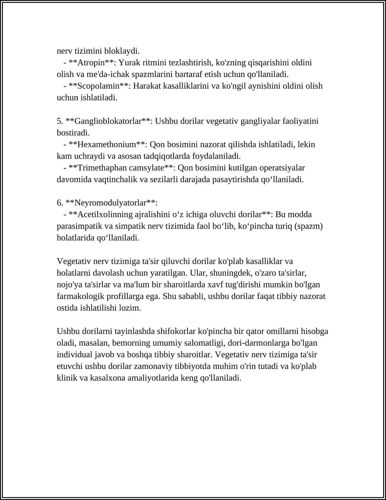 VEGETATIV NERV TIZIMIGA TASIR ETUVCHI ZAMONAVIY DORILAR FARMAKOLOGIYASI 4