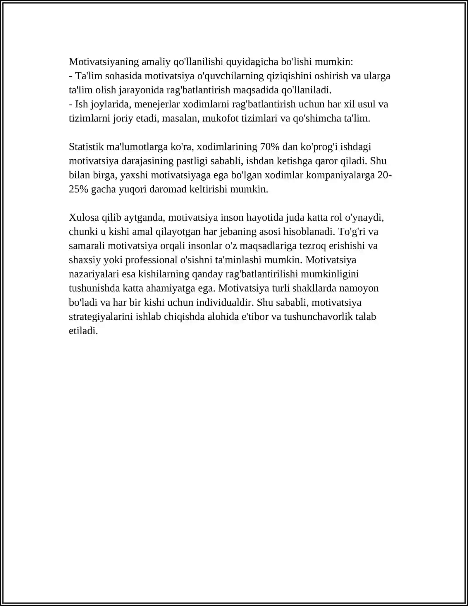 MUSTAQIL ISH Mavzu: MOTIVATSIYA HAQIDA TUSHUNCHA 4