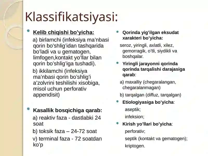 Bolalarda peritonit. Birlamchi va ikkilamchi peritonitlar. Peritonit asoratlari 4