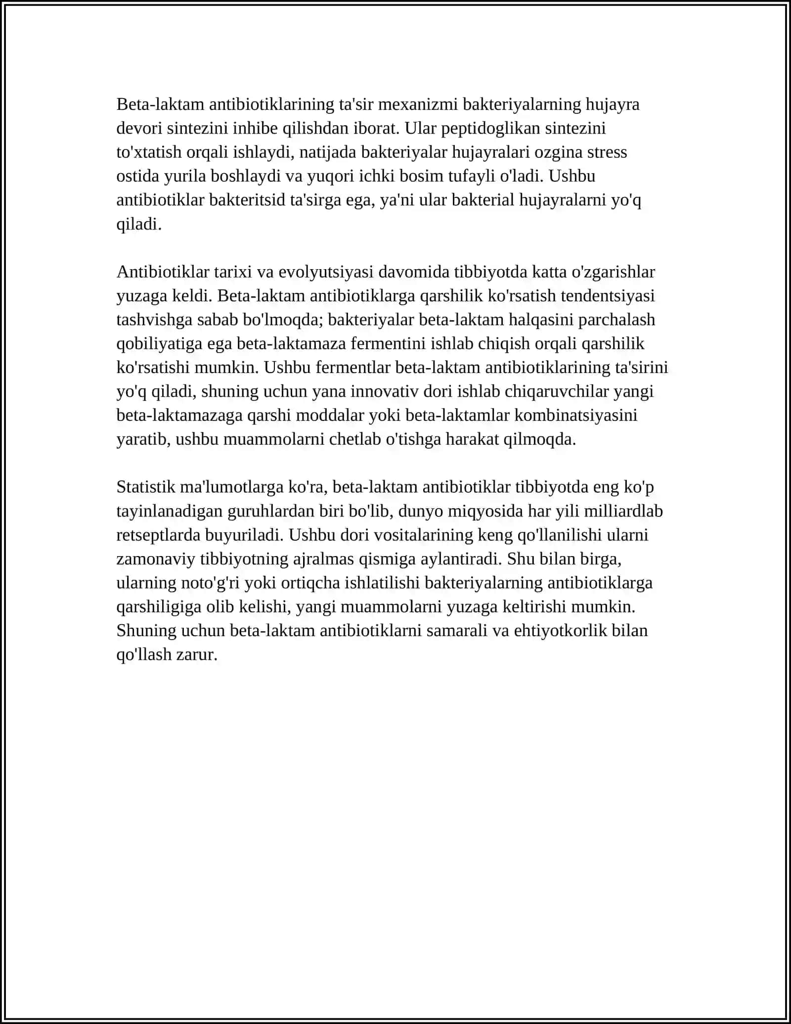 BETALAKTAM ANTIBIOTIKLAR - PENITSILLINIAR VA SEFOLOSPARINLARING TUZILISHI,URUVCHANLIGI,CHINLIGI, REAKSIYALARI 4