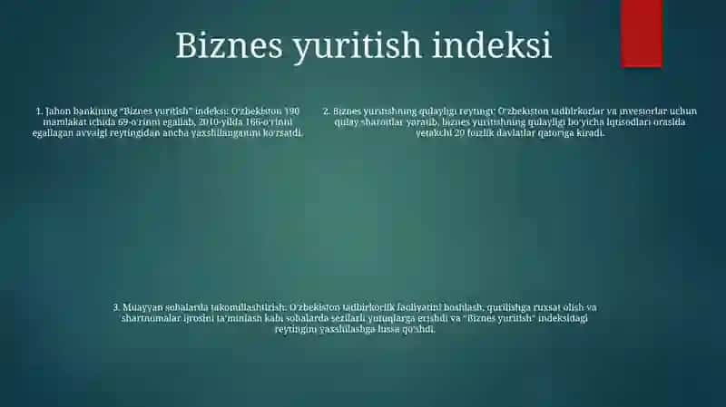Oʻzbekistonning Xalqaro Reytinglardagi KoʻRsatkichlar 4
