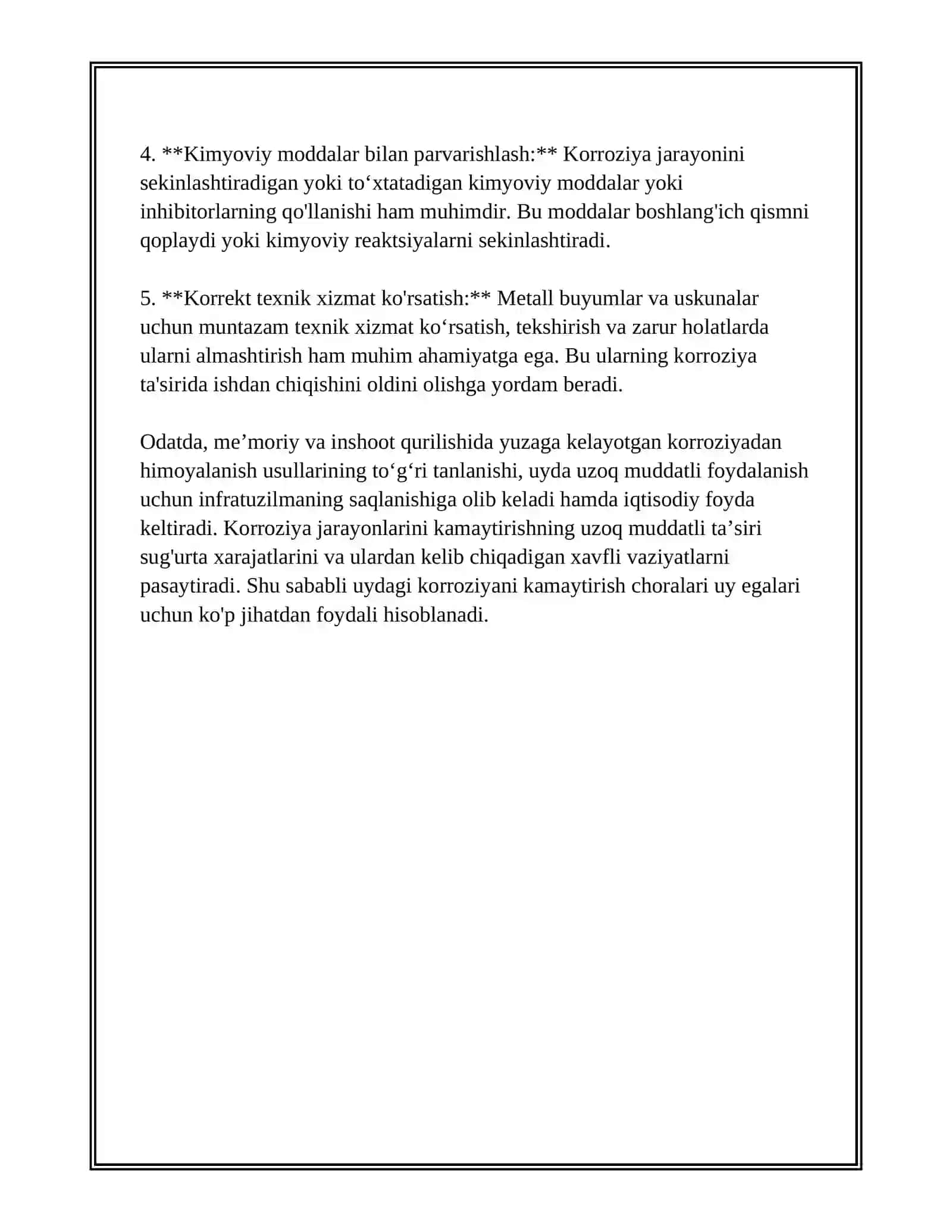 UYDA KOROZIYANI KAMAYTIRISH YOʻLLARI REFERAT TAYYORLAB BER 4