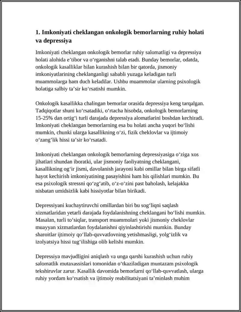 IMKONIYATI CHEKLANGAN BEMORLARNING PSIXOLOGIK XUSUSIYATLARI. ONKOLOGIK BEMORLARNING PSIXOLOGIK XUSUSIYATLARINING O‘ZIGA XOSLIGI 4