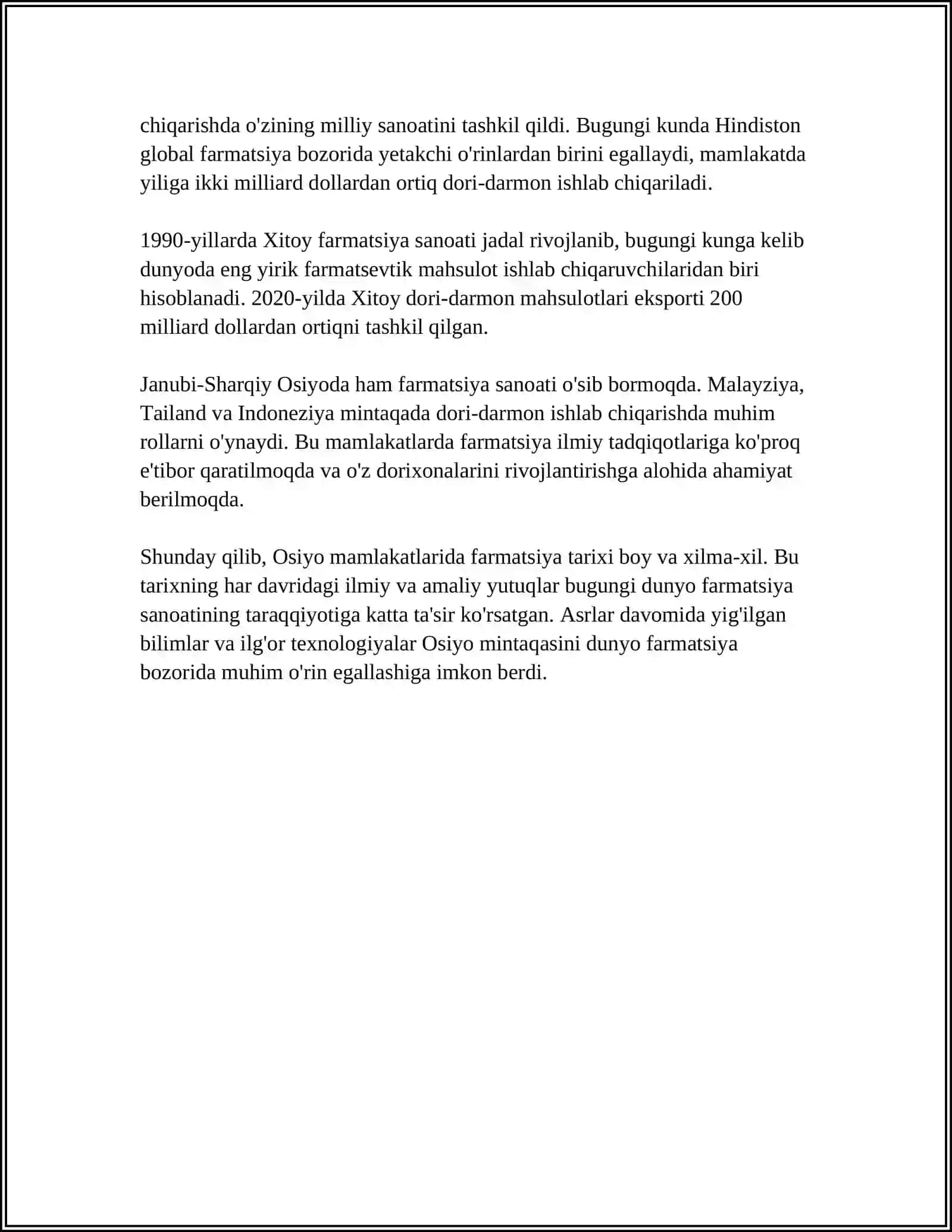 OSIYO MAMLAKATLARIDA FARMATSIYANI RIVOJLANISH O'ZIGA XOSLIGI 4