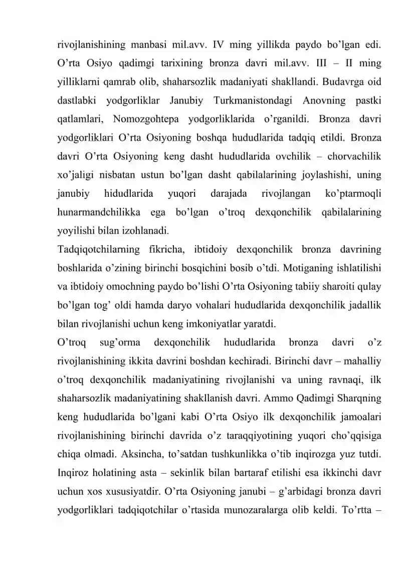 O'RTA OSIYODA BRONZA DAVRI IPTIDOIY MANZILGOHLARNI HUSUSIYATLARI 4