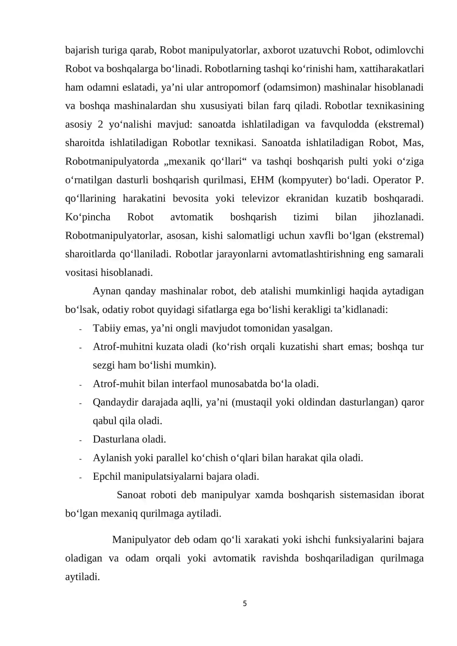 ROBOT MANIPULYATOR HARAKATINI MODELLSHTIRISH 4