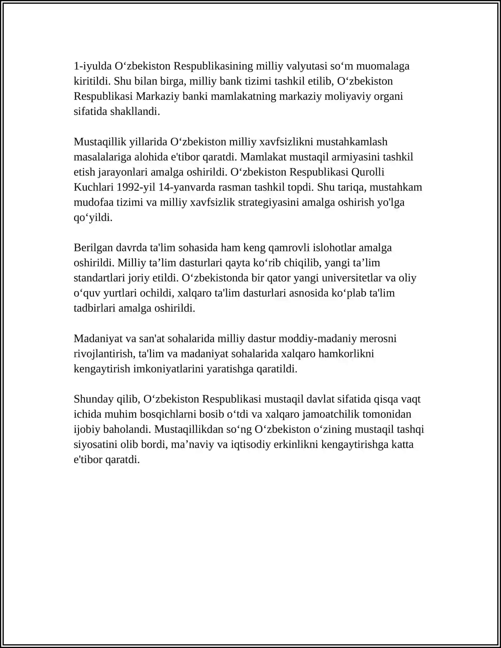 MUSTAQIL OʻZBEKISTON RESPUBLIKASINIG TASHKIL TOPISHI VA UNING TARIXIY AHAMIYATI 4