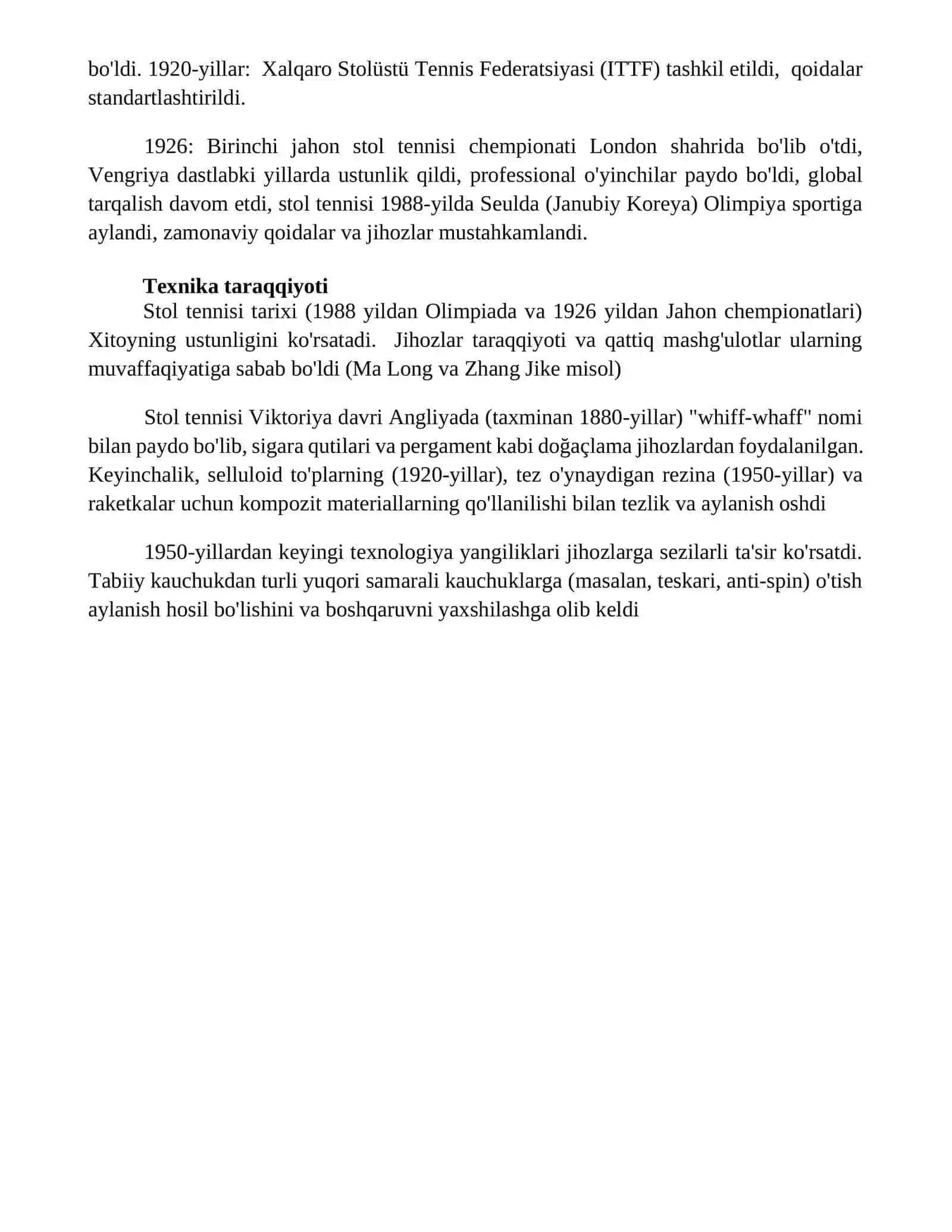 Stol tennisi o'yinining kelib chiqishi, qoidalari va rivojlanish tarixi 4