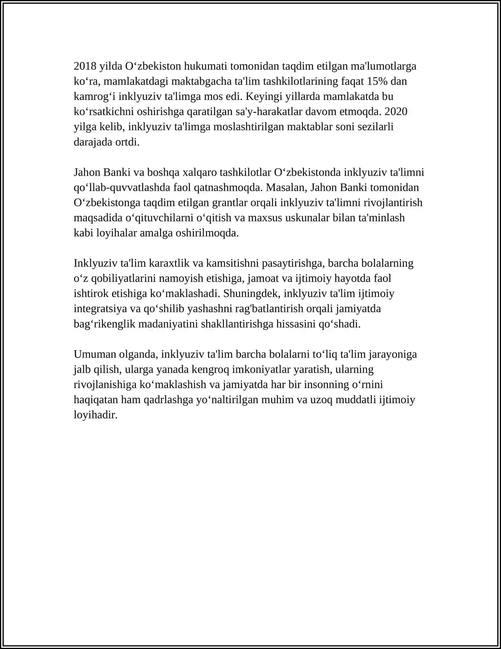 RIVOJLANISH MUAMMOLARI BOLGAN BOLALAR UCHUN INKLYUZIV TA'LIMNI KENG TALIMIY AMALIYOTIGA JORIY ETISH ALGORITMLARI 4