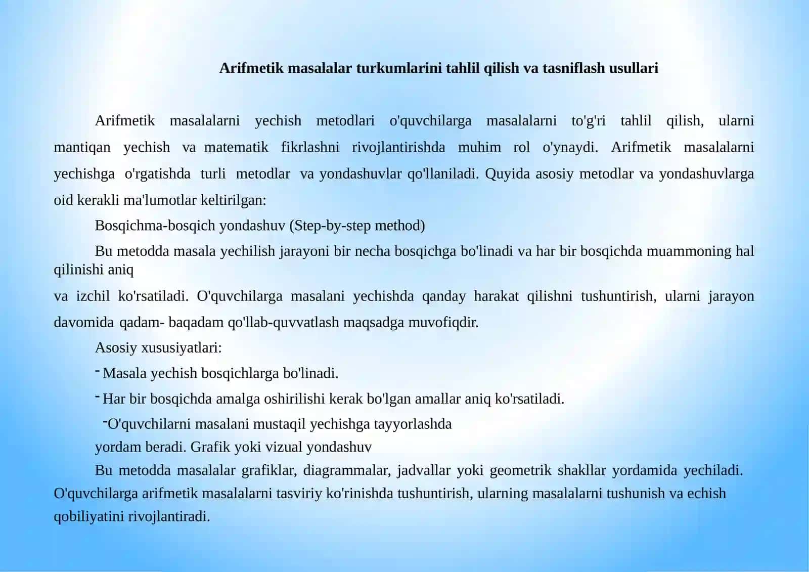 Arifmetik amallarni bajarish metodikasi. Kopaytirishning o'rin almashtirish xossasi.Bir xonali sonlarni kopaytirish jadvali va Unga mos misollar. 4