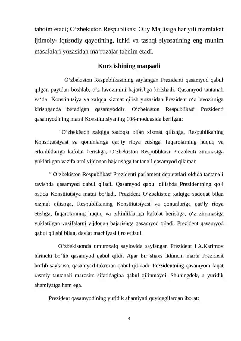 KURS ISHI: “Oʻzbekiston Respublikasi prezidentining konstitutsiyaviy huquqiy maqomi” 4