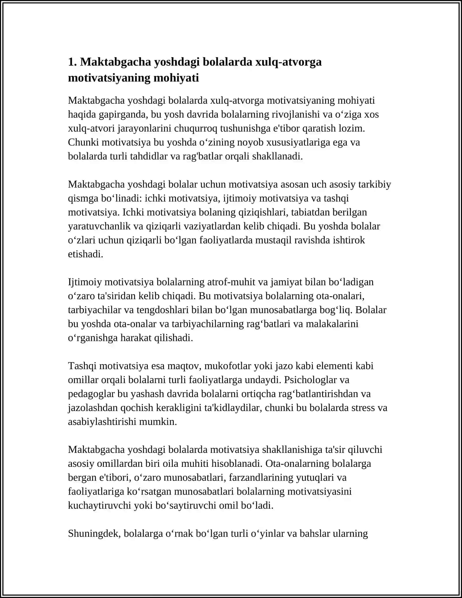 MAKTABGACHA YOSHDAGI BOLALARDA XULQ MOTIVLARINING RIVOJLANISHI VA OʻZIGA XOS BAHO BERISHI SHAKLLANISHI 4