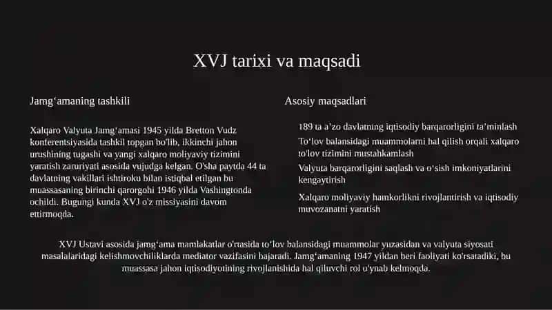 Xalqaro valyuta jamgʻarmasining faoliyati: Oʻzbekiston va Jahon tajribasi mavzusi bo'yicha 21 betlik taqdimot 4