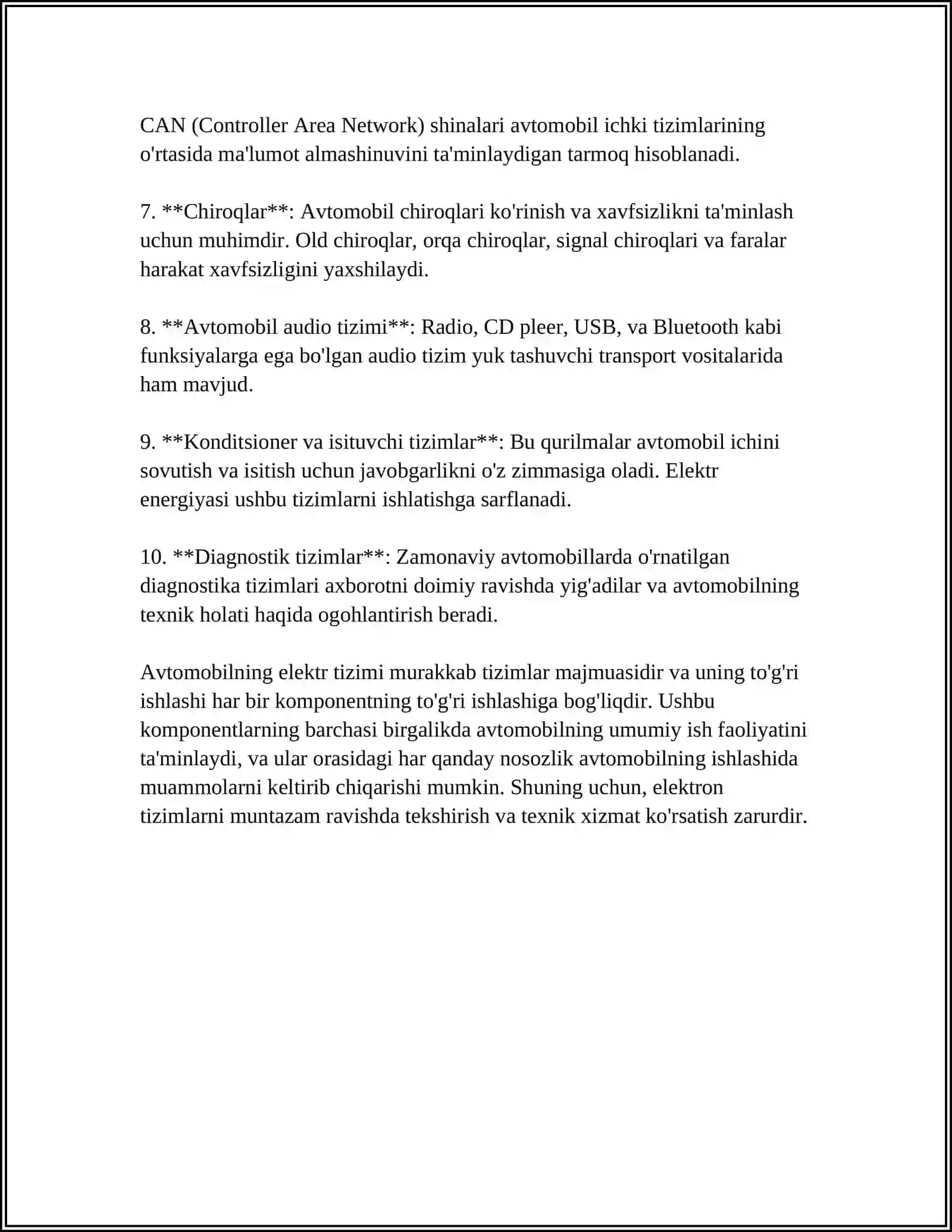 AVTOMOBIL ELEKTR JIHOZLARINING ALOHIDA FUNKSIONAL TIZIMLARI, ULARNING VAZIFALARI. AVTOMOBIL ELEKTR JIHOZLARINING UMUMIY SXEMASIDA ASBOBLARNING ULANISHINING O'ZIGA XOS TOMONLARI. DAVLAT STANDARTI TOMONIDAN AVTOMOBIL ELEKTR JIHOZLARIGA QO'YILADIGAN TALABLAR 4