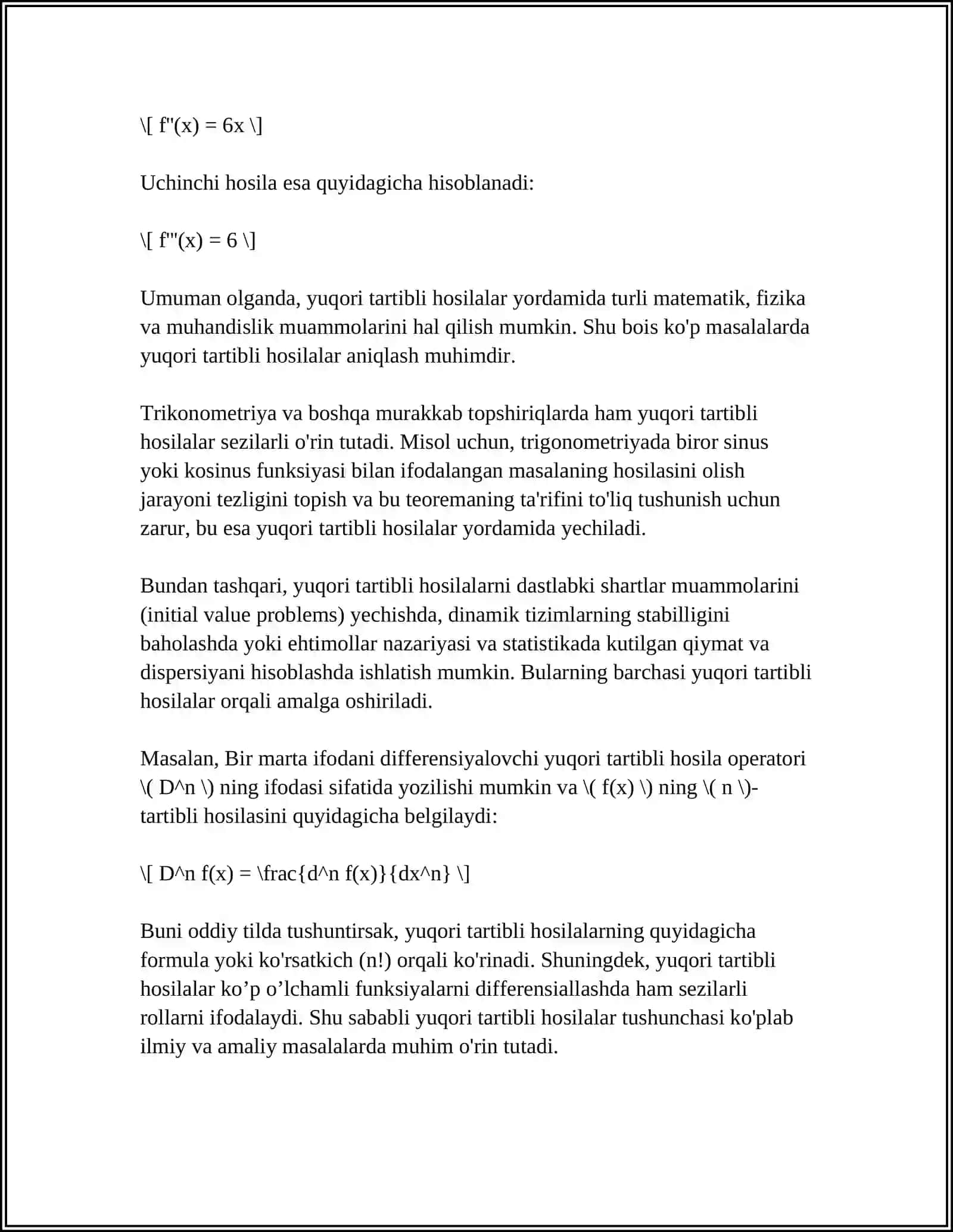 YUGORI TARTIBLI HOSILALAR. OSHKORMAS VA PARAMETRIK KO'RINISHDA BERILGAN FUNKSIYALARING 4
