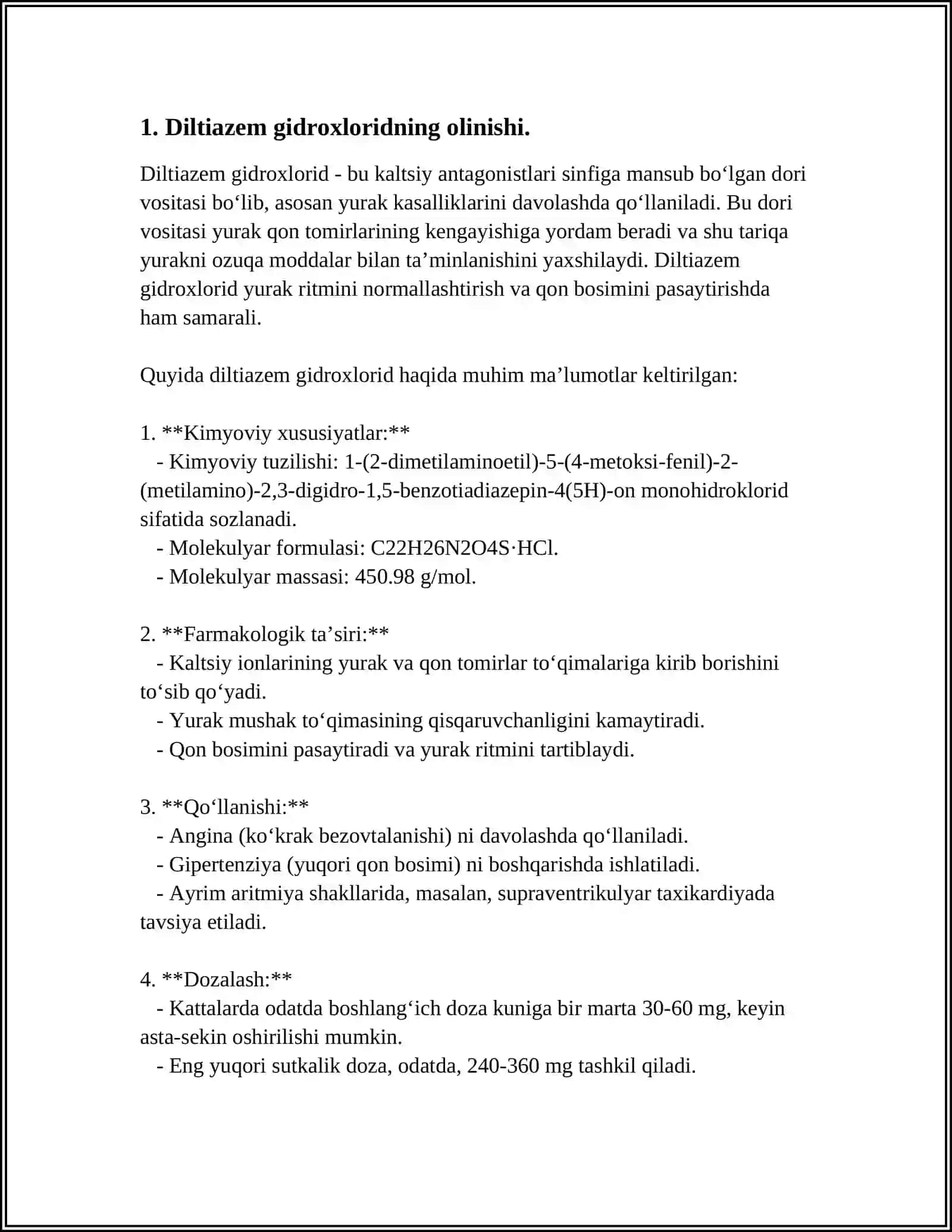 DILTIAZEM GIDROXLORIDLARNING OLINISHI XOSSALARI SIFATIGA QOʻYILGAN TALABLAR TAHLIL USULLARI QOʻLLANILISHI VA SAQLANISHI 4