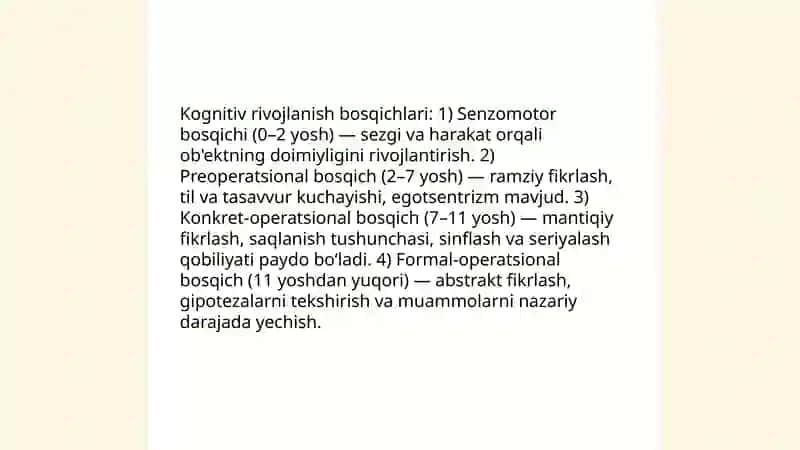 Kognitiv jarayonlarni shakllanishi. Insonda aks ettirish darajalari 4