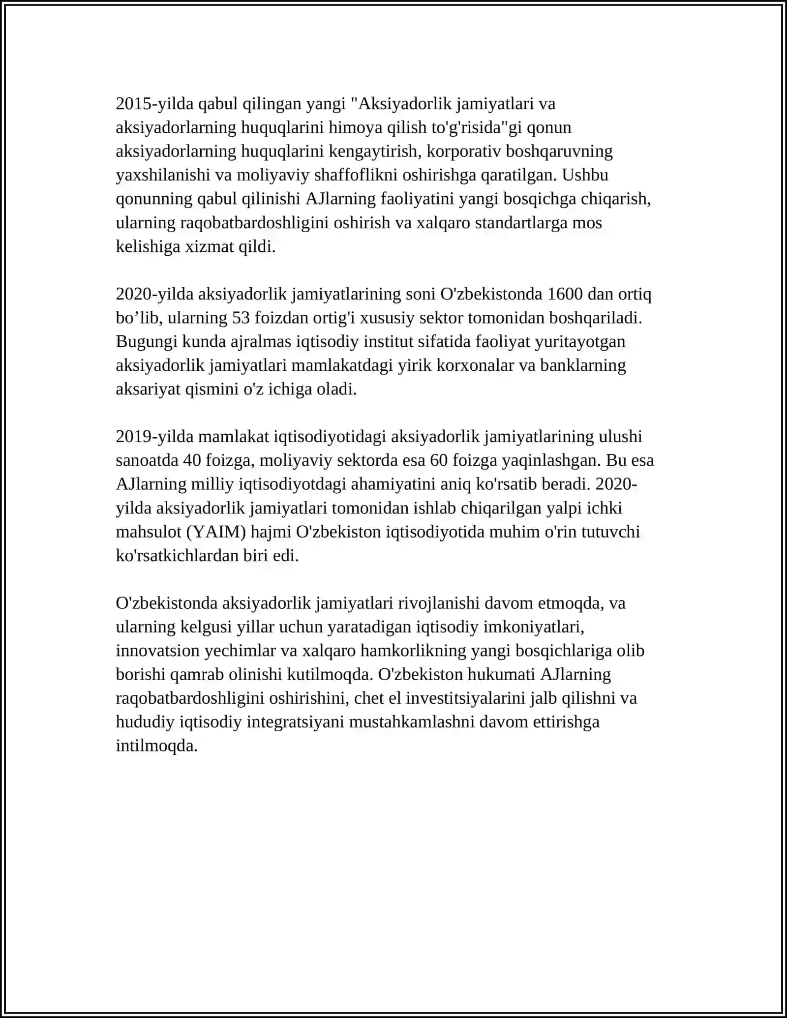O'ZBEKISTON IQTISODIYOTIDA AKSIYADOR KORXONALARNING O'RNI 4