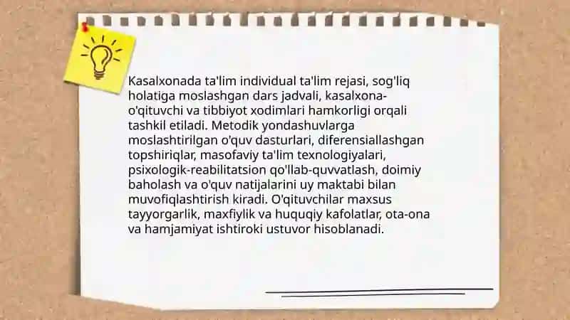 Uzoq muddatli davolanish chora-tadbirlariga muhtoj bolalar va oʻsmirlarning huquqlari va ta'limga boʻlgan ehtiyojlari 4