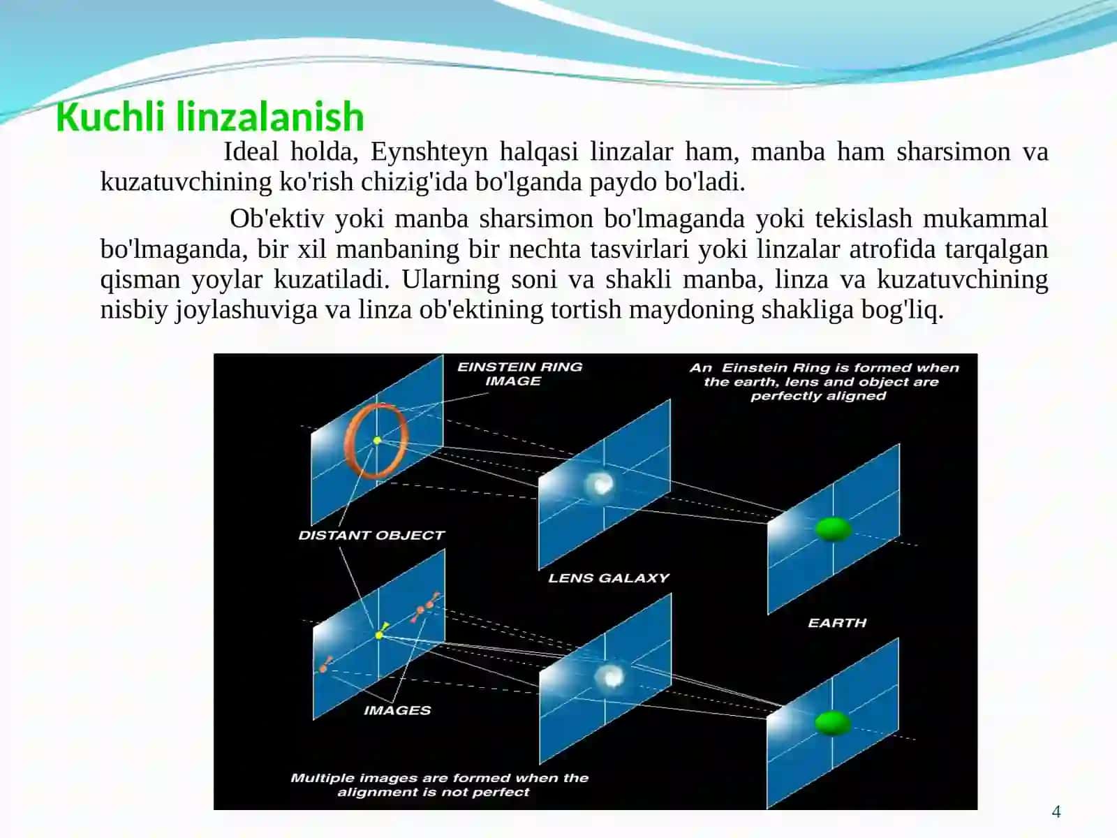 GRAVITATSION LINZALANISH VA EYNSHTEYN HALQALARI, QORAMTIR MATERYA MAVJUDLIGIDA YORUG’LIKNING BURILISH BURCHAGINI ANIQLASH 4