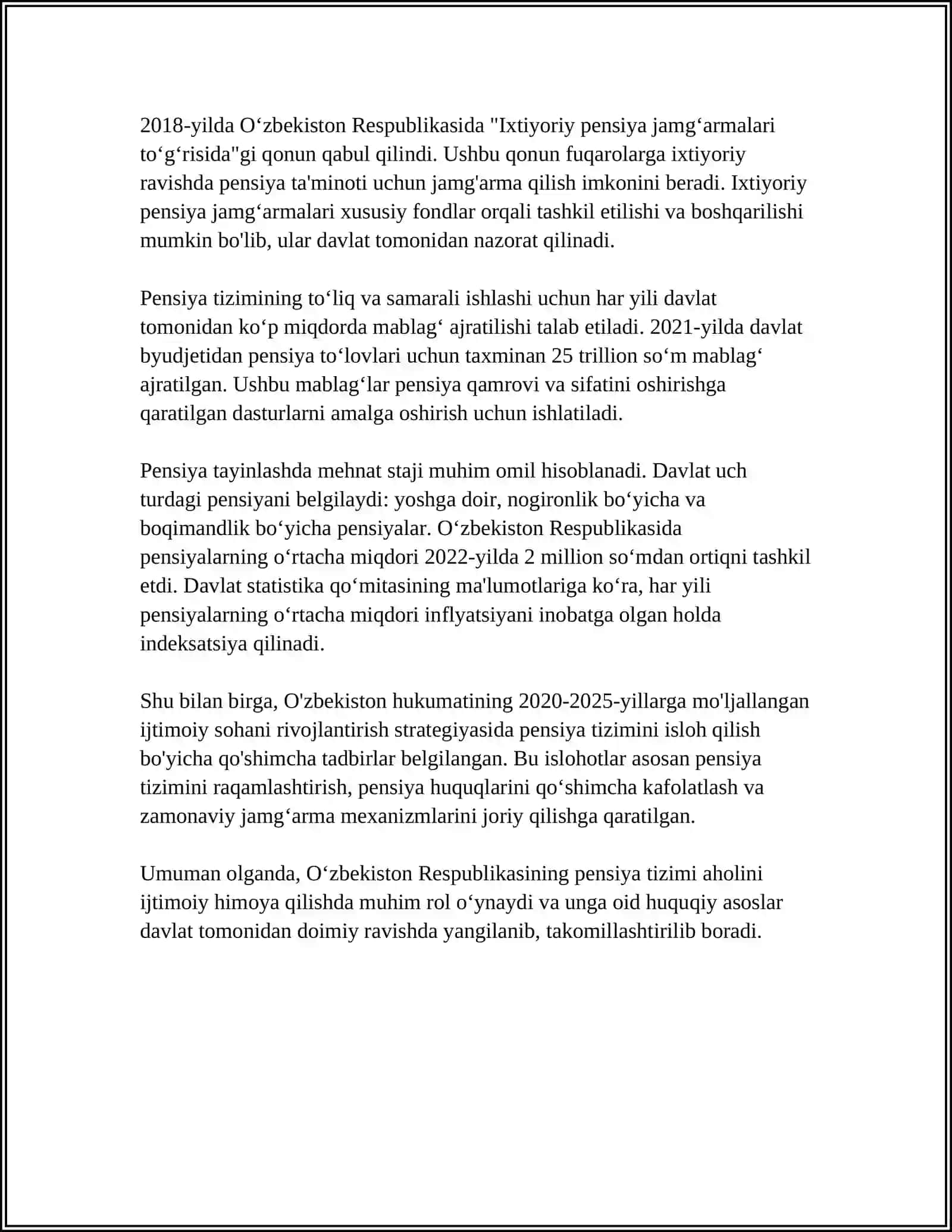 MUSTAQIL ISH Mavzu: O'ZBEKISTON RESPUBLIKASIDA PENSIYA TIZIMI (HUQUQIY ASOSLARI VA RIVOJLANISH TARIXI ISLOHATLAR VA ISTIQBOLLAR) 4