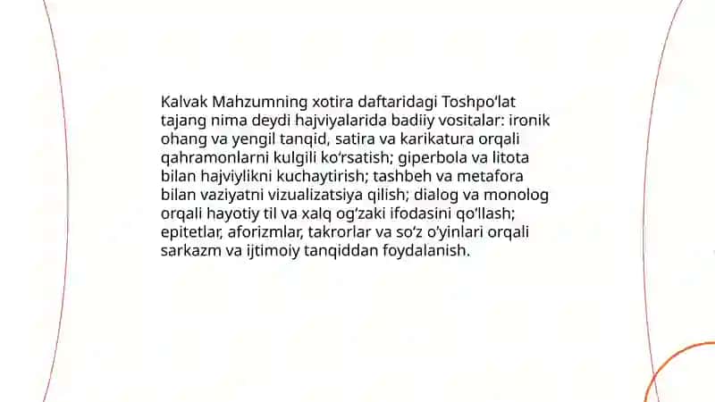 Toshpoʻlat tajang nima deydi kabi hajviyalari tahlilini yozish 4