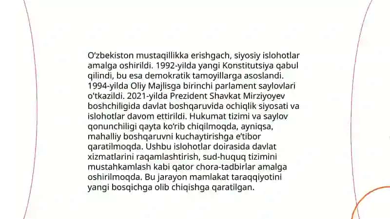 Oʻzbekistonda demokratik, fuqarolik jamiyati asoslarining shakllanishi, amalga oshirilgan siyosiy islohotlar 4