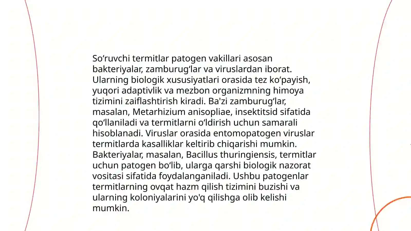 So‘ruvchi termitlar sinfining patogen vakillarining tuzilishi, rivojlanishi, qo‘zg‘atuvchilari, kasalliklarga qarshi kurash yo‘llari 4