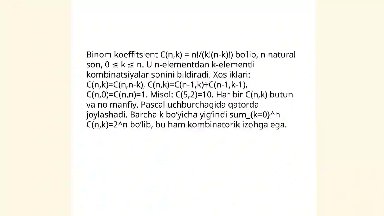 Nyuton binomi haqida umumiy ma'lumot sonlarning xossalari Kombinatorika geometriyada 4