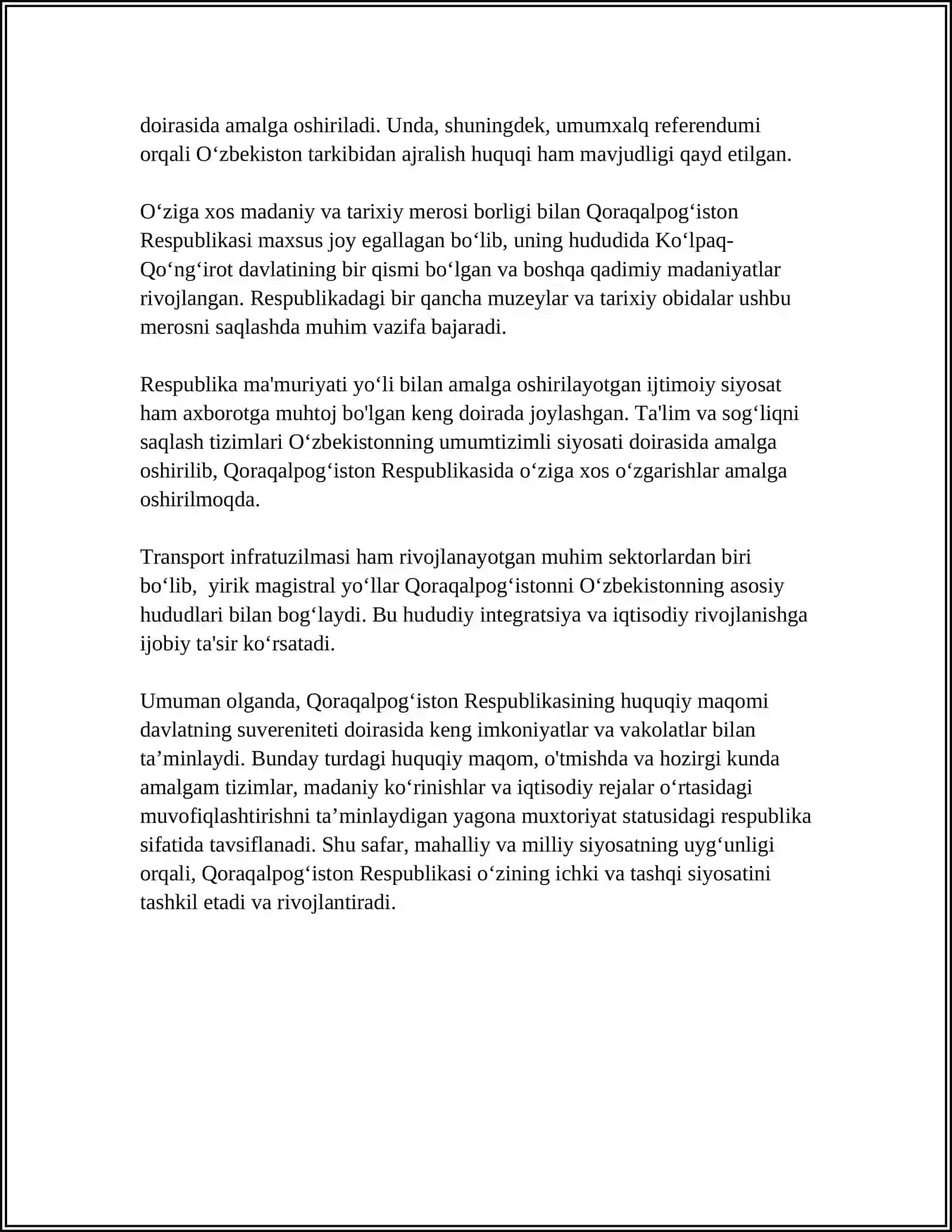 YANGI TAHRIRDAGI O‘ZBEKISTON RESPUBLIKASI KONSITUTSIYASI FANIDAN QORAQALPOG‘ISTON RESPUBLIKASI HAQIDA MUSTAQIL ISH 4