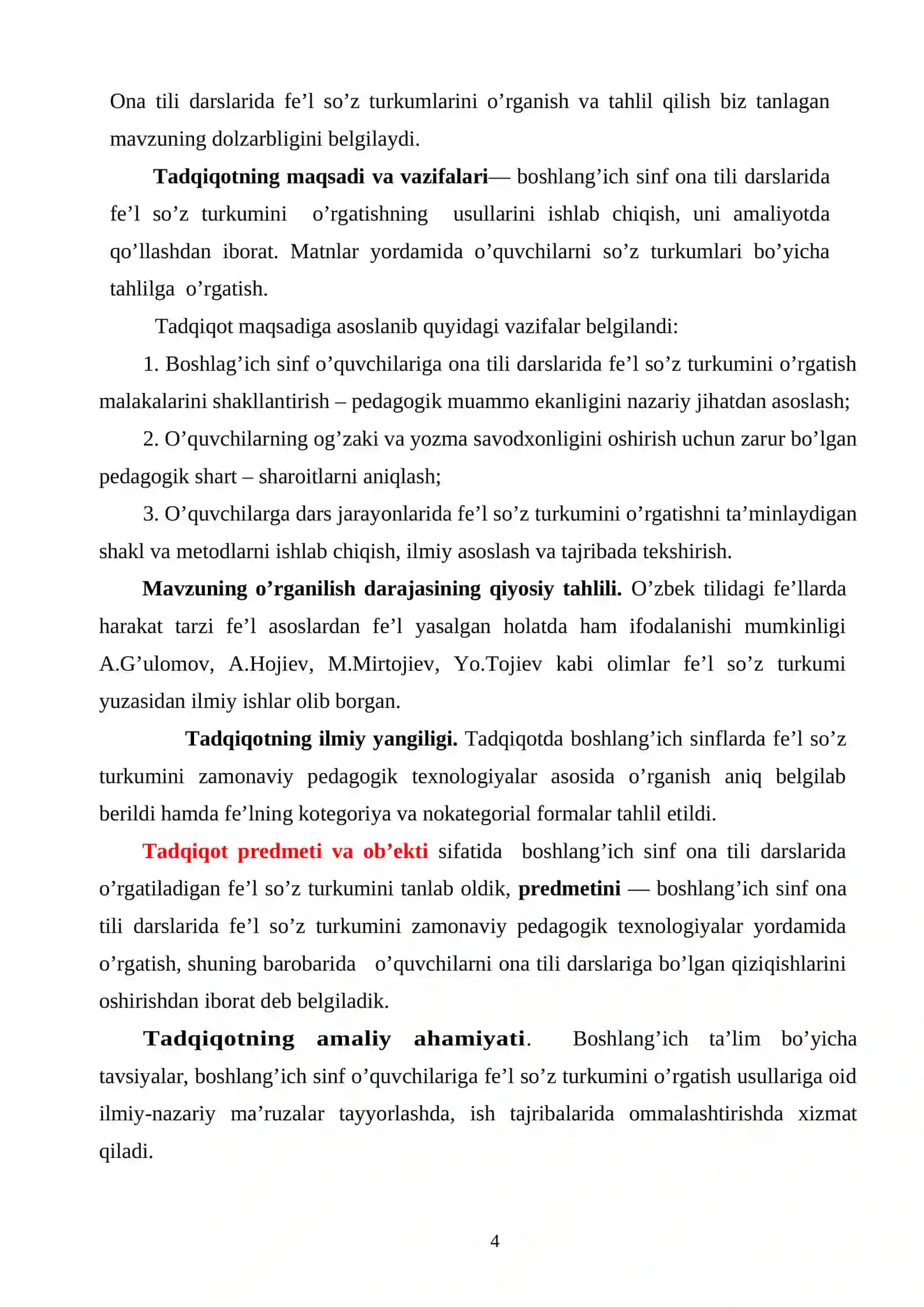 B O B. BOSHLANG’ICH SINF ONA TILI DARSLARIDA FE’LNING VAZIFA SHAKLLARINI O’RGATISHNING NAZARIY-METODIK ASOSLARI 4
