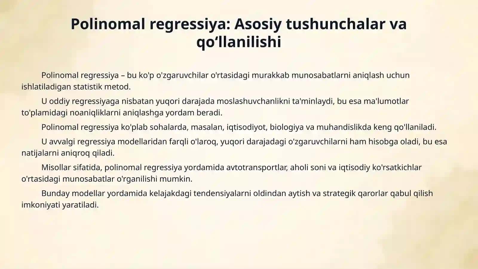 Ko‘p o‘zgaruvchili chiqizli regressiya va Polinomal regressiya asosida model ishlab chiqish. 4