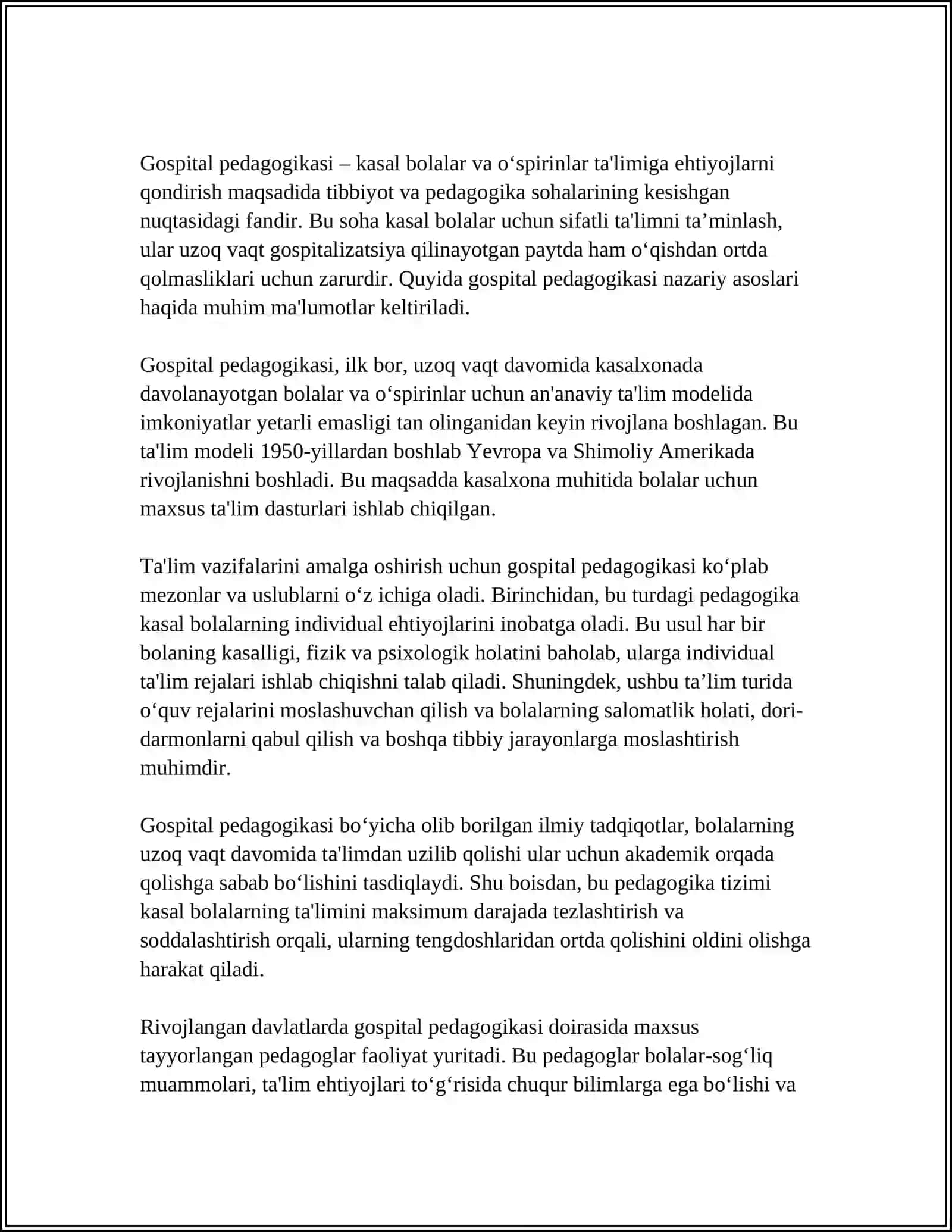 GOSPITAL PEDAGOGIKANING METODIK ASOSLARI: INDIVIDUAL VA GURUHLI YONDASHUVLAR 4