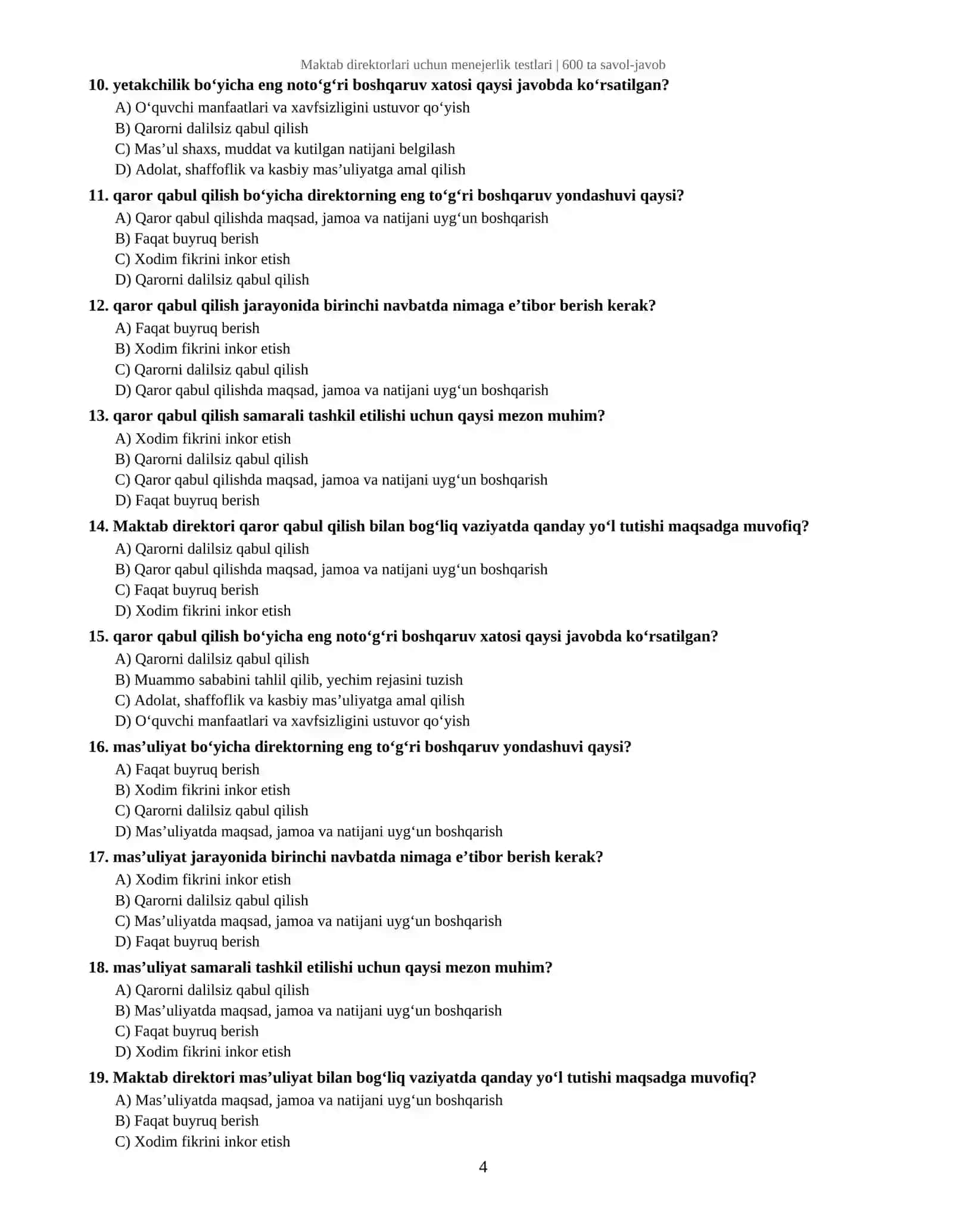 Maktab direktorlari uchun menejerlik testlari | 600 ta savol-javob 4