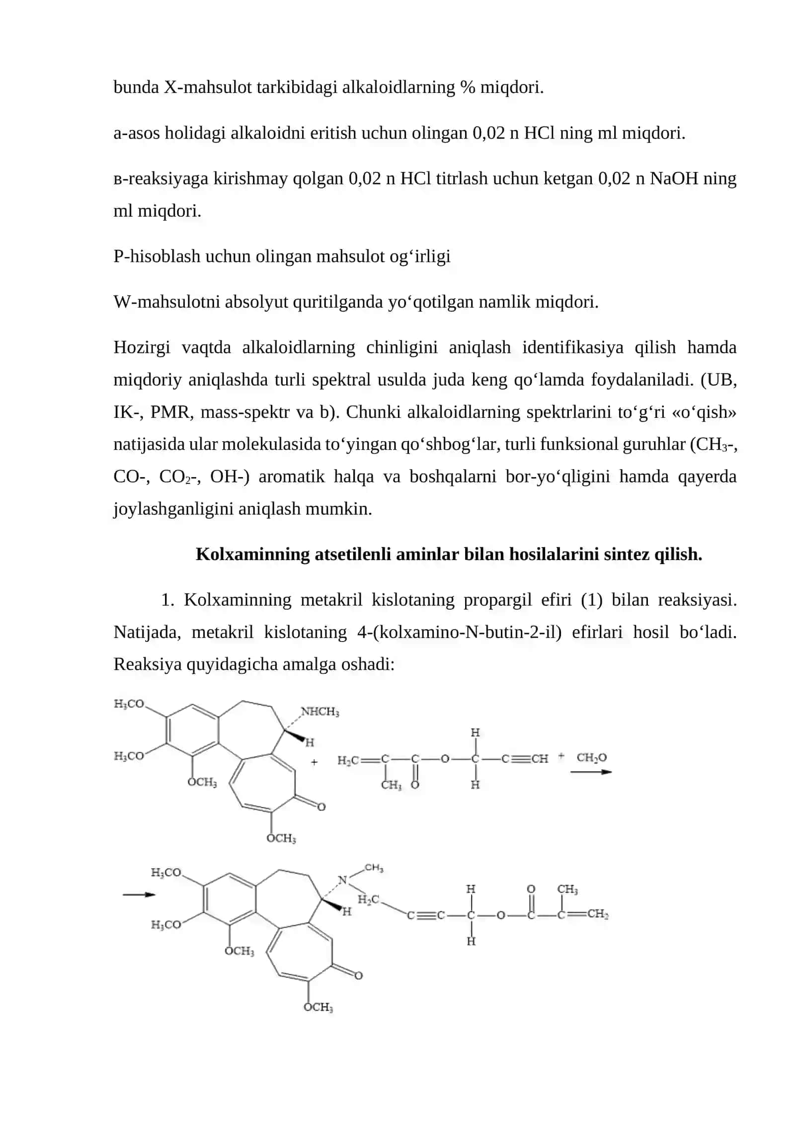 Kolxaminning atsetilenli aminlar bilan hosilalari sintezi, tuzilishi va modifikatsiyasi 4