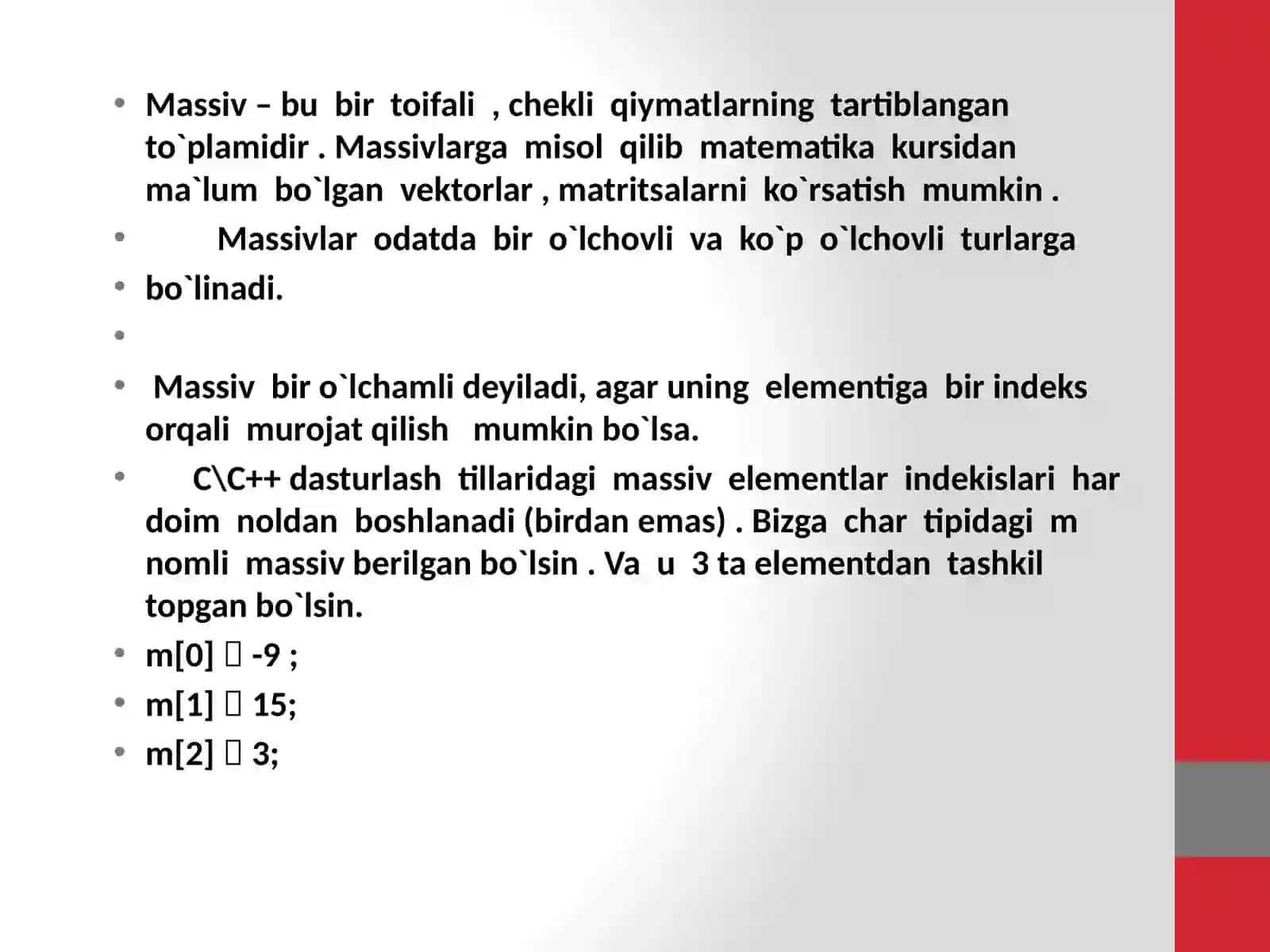 C++ DASTURLASH TILIDA MASSIV ELEMENTLARDAN SARALASH 4
