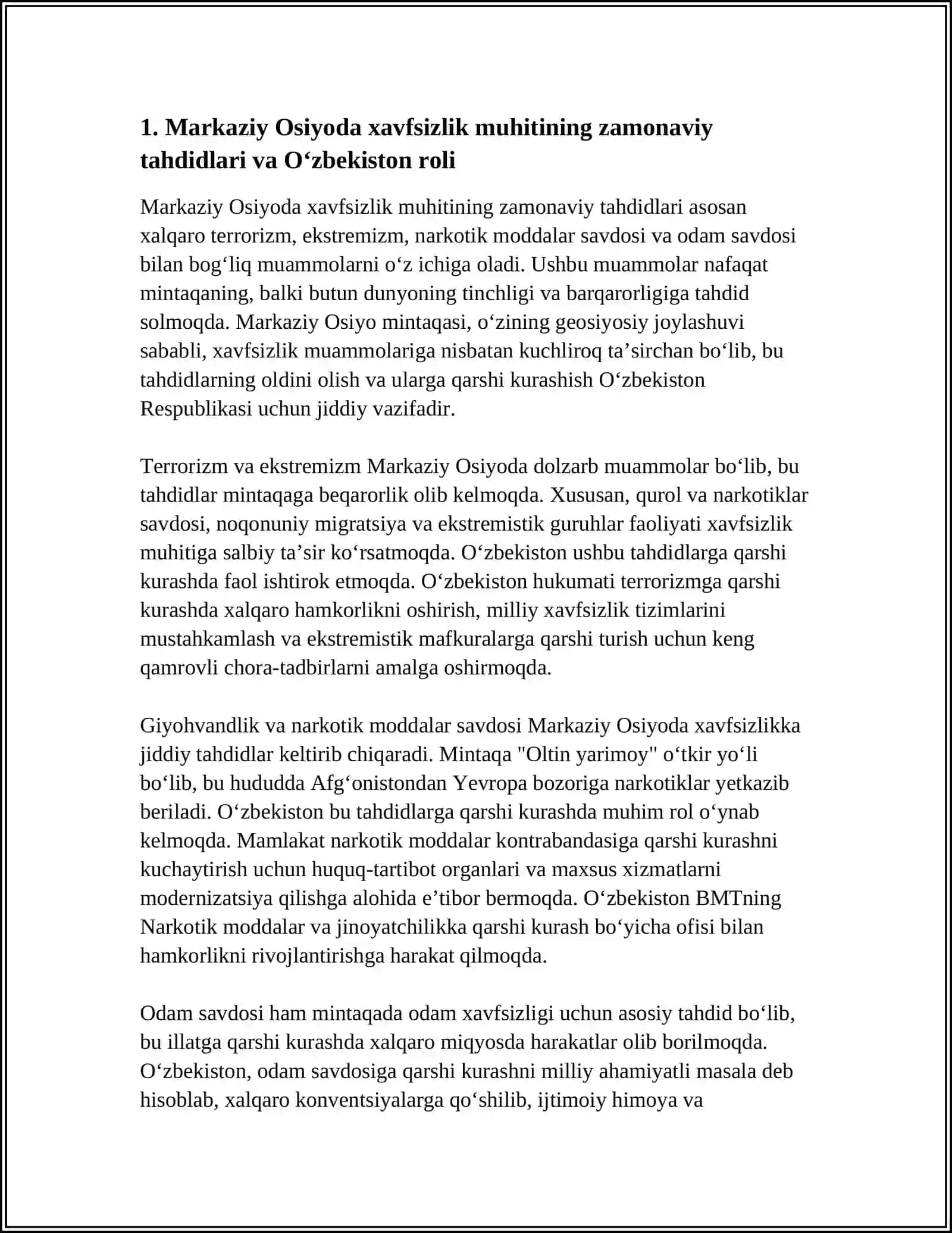 MARKAZIY OSIYODA XAVFSIZLIK MASALALARI,TERRORIZM,GIYOHVANDLIK VA ODAM SAVDOSIGA QARSHI KURASHDA O'ZBEKISTON RESPUBLIKASINING RO'LI 4
