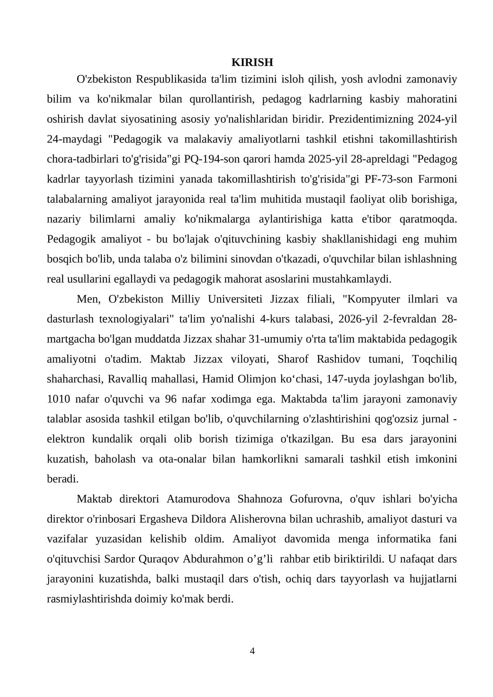 PEDAGOGIK AMALIYOT HISOBOTI 4