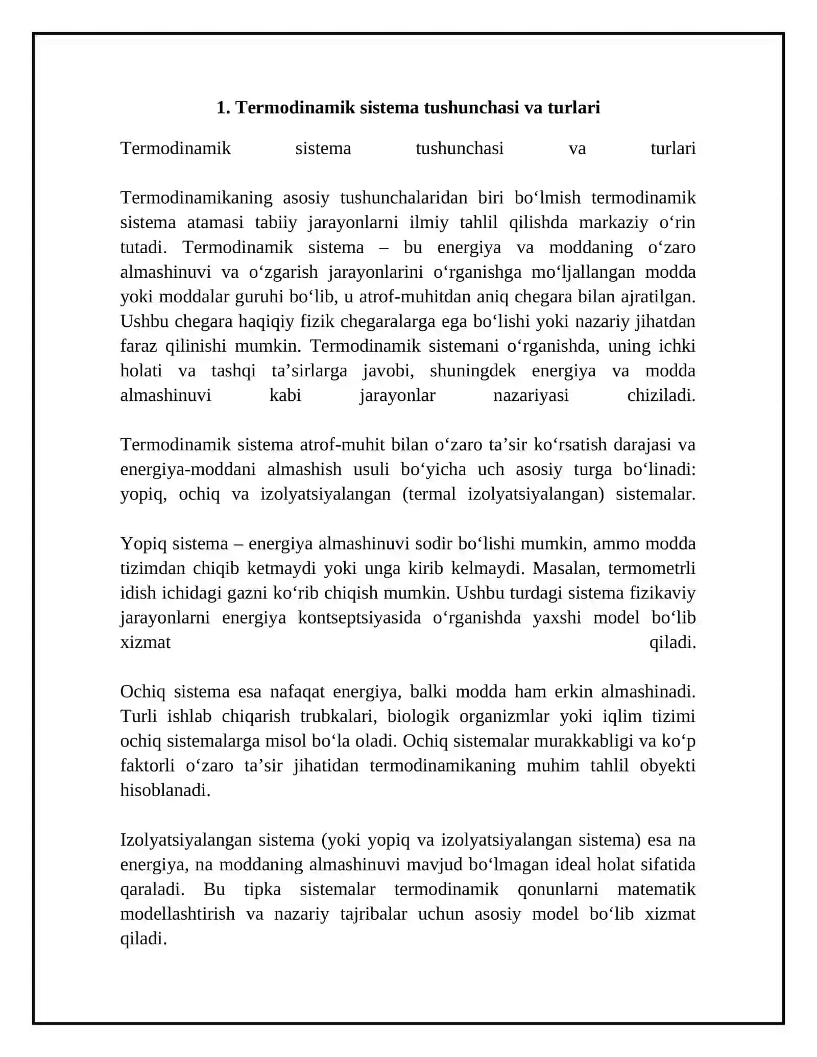 Termodinamik sistema, xolat parametrlari va muvozanat 4