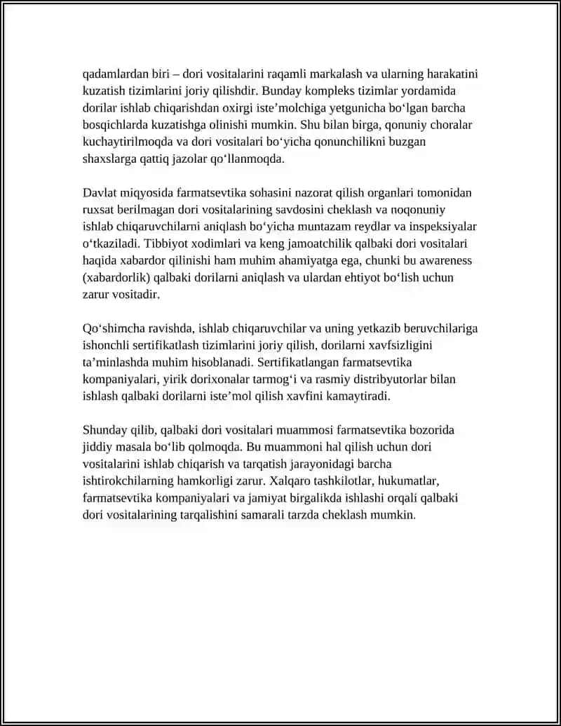 REFERAT: QALBAKI DORI VOSITALARI HAQIDA TUSHUNCHA. FARMATSEVTIKA BOZORIDA QALBAKILASHTIRISH MUOMMOSI VA UNI OLDINI OLISH MASALALARI 4