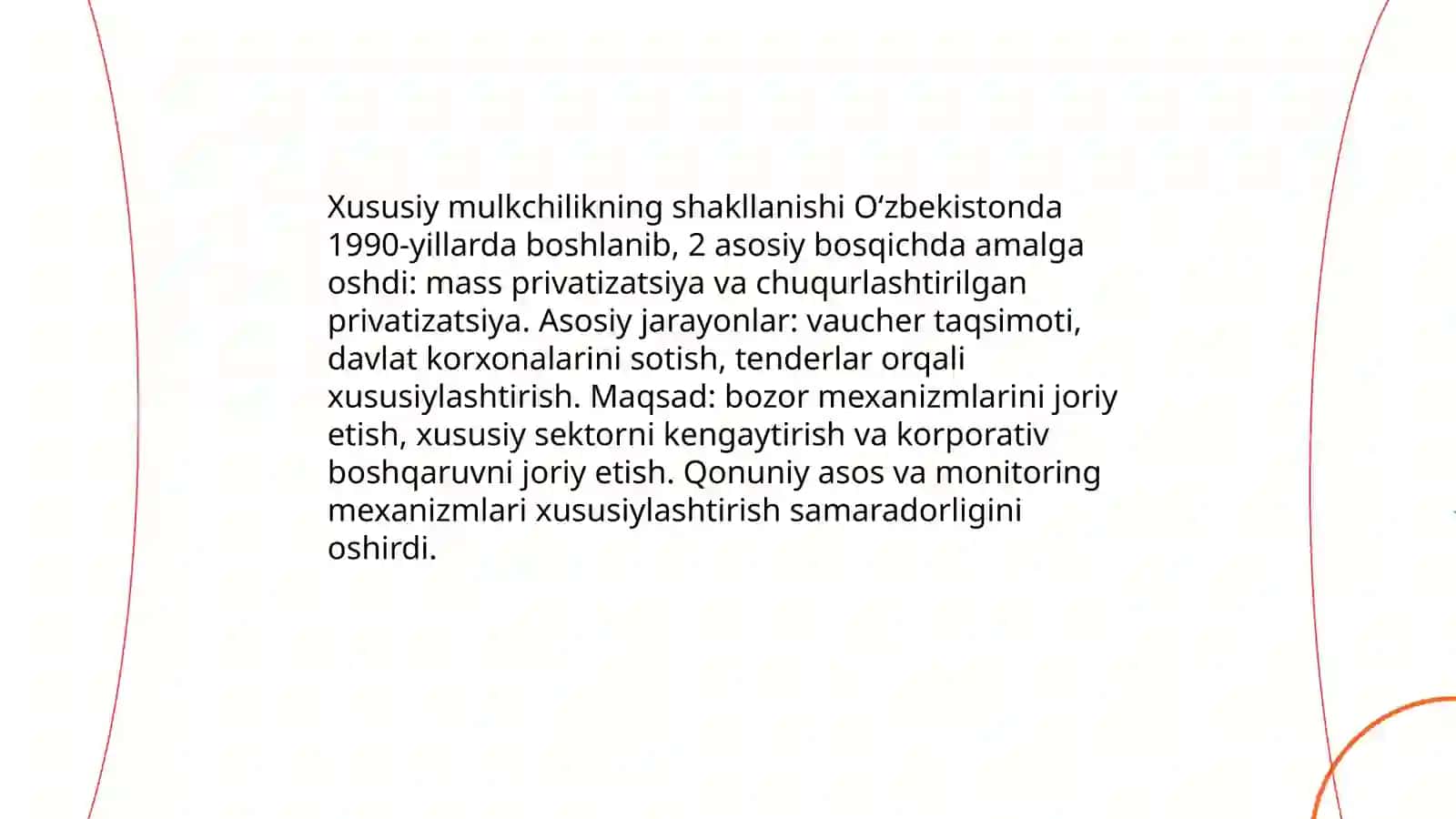 Iqtisodiy islohotlar,xususiy mulkchilikning shakinlanishi va Ozbekistonda bozor munosabatlarining rivojlanishi Rajabov Otabek 4