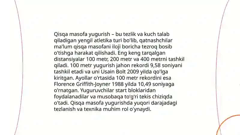 Yengil atletika. Qisqa masofa va uning turlari haqida tushunchalarni chuqurlashtirish.100(60) metrga yugurish. 4