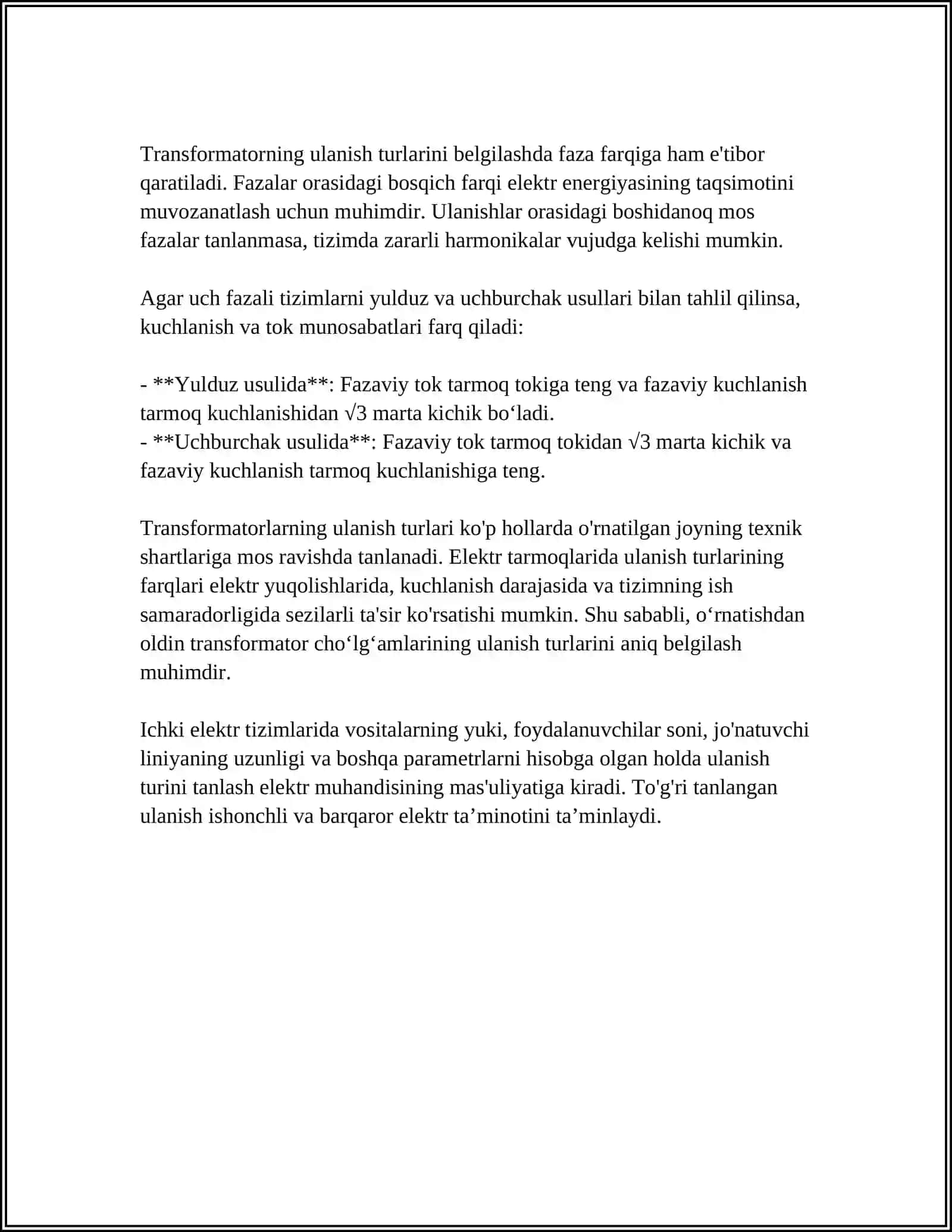 TRANSFORMATOR CHOʻLGʻAMLARINING ULANISH GURUHLARI VA TRANSFORMATORLARNI PARALLEL ISHLASHI 4